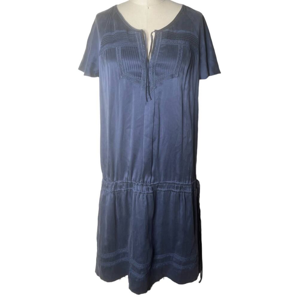 Massimo Dutti 100% Silk Short Sleeve Drop Waist Blue Dress Size 42/32